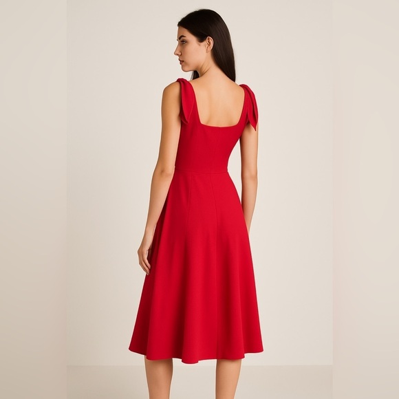 Valentino Red Vneck Shoulder bow tie sleeveless  Midi dress 4 - Picture 2 of 9